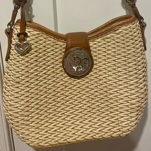 Brighton Cream Woven Shoulder Bag with Brown Leather Trim